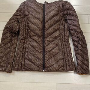 Michael Kors Womens Reversible Printed Nylon Packable Puffer Jacket Brown Small